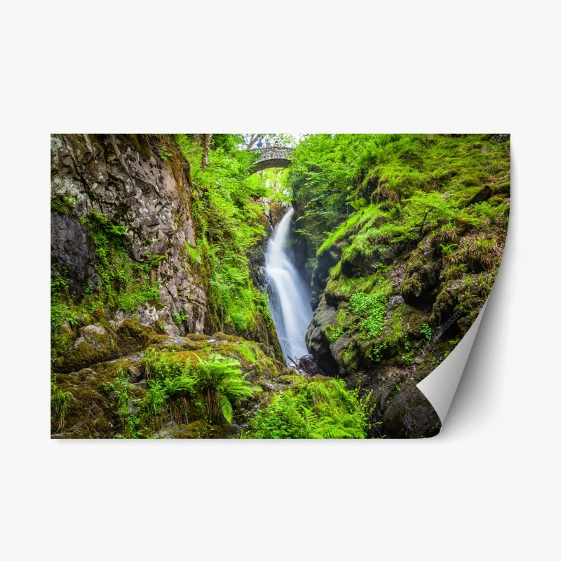 Repositionable sticker mossy gorge waterfall with stone bridge