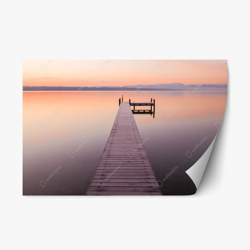Repositionable sticker tranquil pier at sunrise over pastel lake