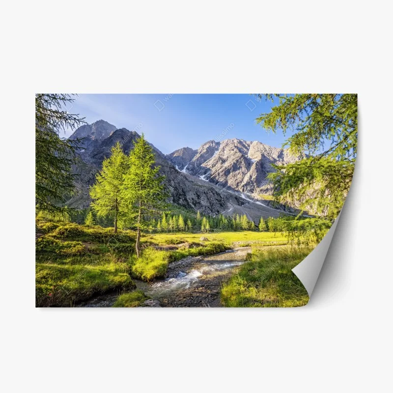 Repositionable sticker alpine mountain meadow with stream