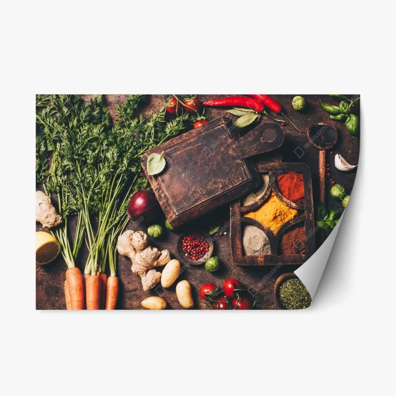Repositionable sticker rustic spices and fresh vegetables flatlay