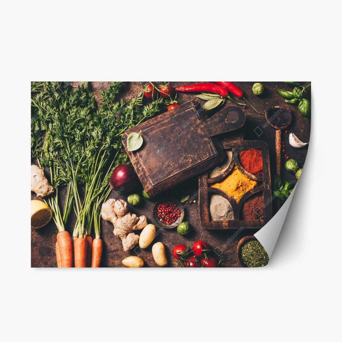 Repositionable sticker rustic spices and fresh vegetables flatlay ⁕ Wallissimo® Repositionable sticker rustic spices and fresh vegetables flatlay ⁕ Wallissimo®
