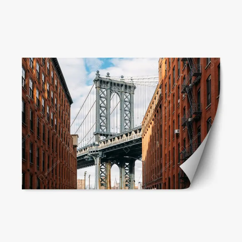 Repositionable sticker Brooklyn bridge framed by brick buildings at sunset