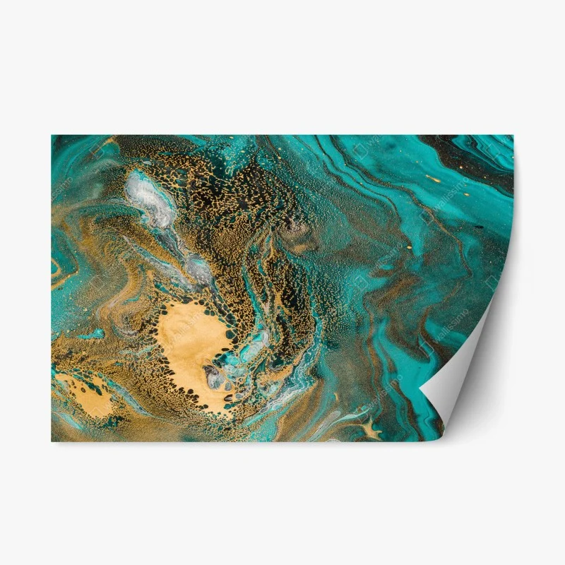 Repositionable sticker turquoise and gold fluid swirl