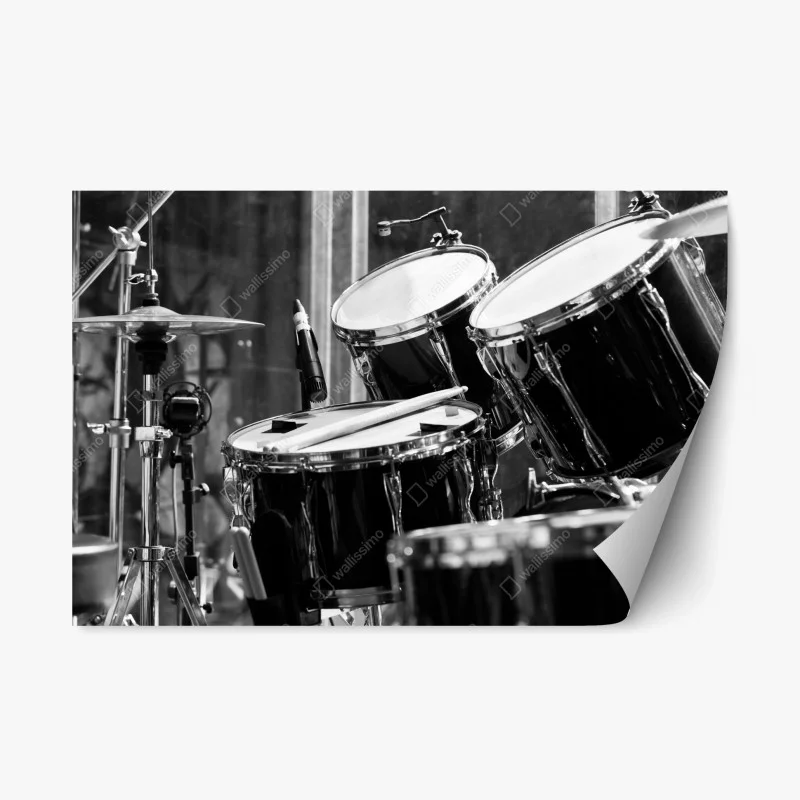 Repositionable sticker black and white drum kit close-up