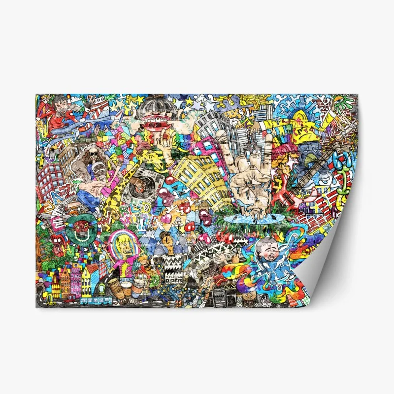 Repositionable sticker colorful urban music mural collage