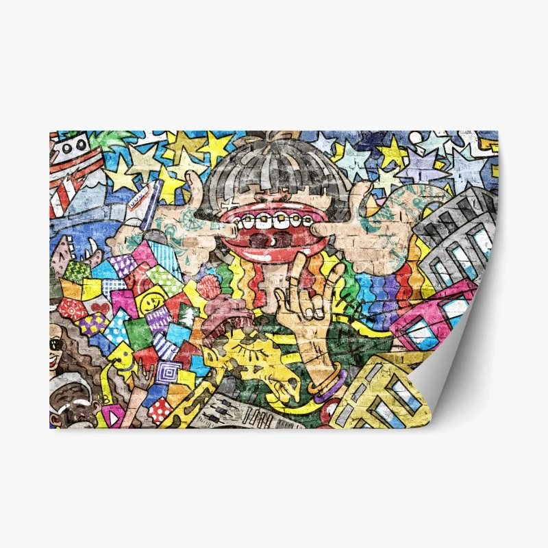 Repositionable sticker colorful graffiti mural with playful character