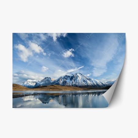 Repositionable sticker mountain reflections on a still lake • Wallissimo®