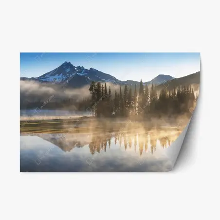 Repositionable sticker misty mountain sunrise reflection • Wallissimo®