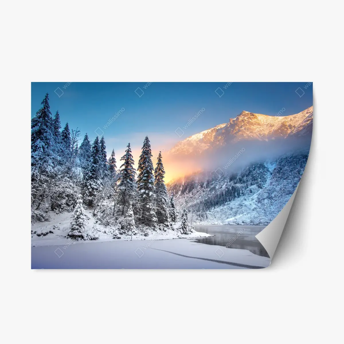 Repositionable sticker winter sunrise over snowy mountain lake • Wallissimo® Repositionable sticker winter sunrise over snowy mountain lake • Wallissimo®