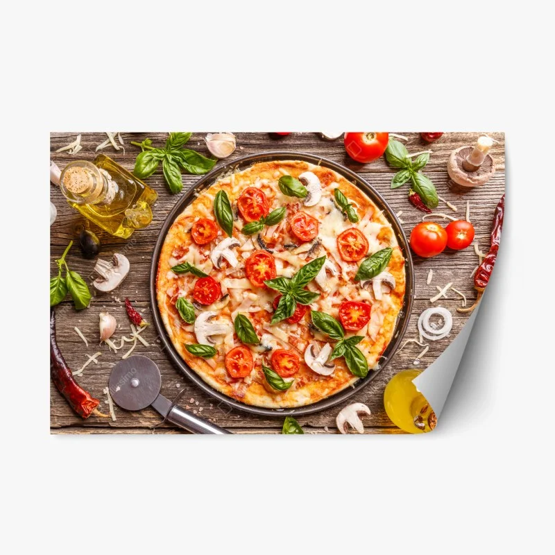 Repositionable sticker fresh pizza with basil and cherry tomatoes