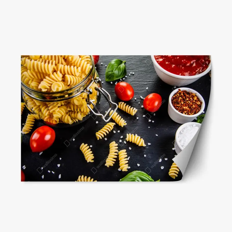 Repositionable sticker pasta ingredients flat lay with tomatoes and basil