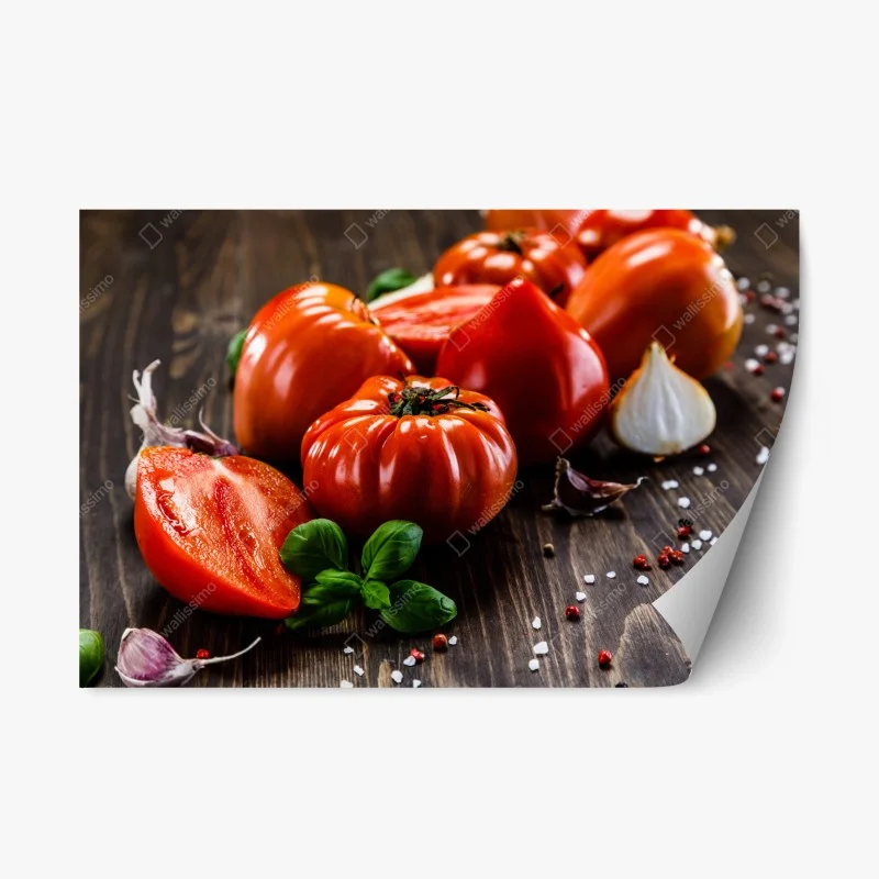 Repositionable sticker ripe heirloom tomatoes on a rustic wooden table