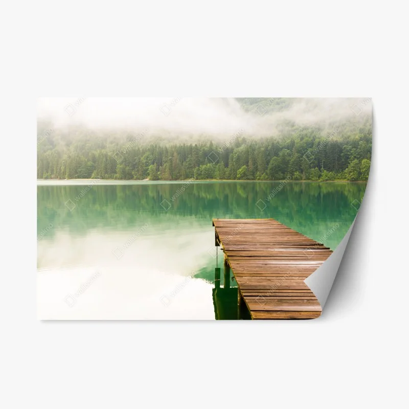 Repositionable sticker misty lake with wooden jetty