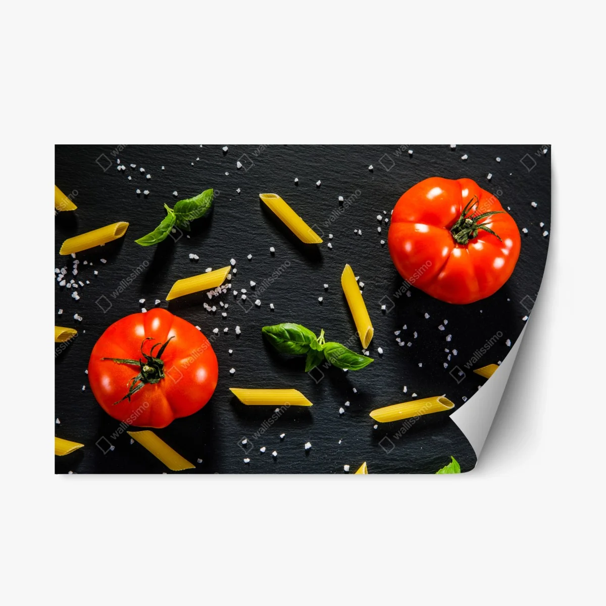 Repositionable sticker tomato and pasta flat lay on black slate ⁕ Wallissimo® Repositionable sticker tomato and pasta flat lay on black slate ⁕ Wallissimo®