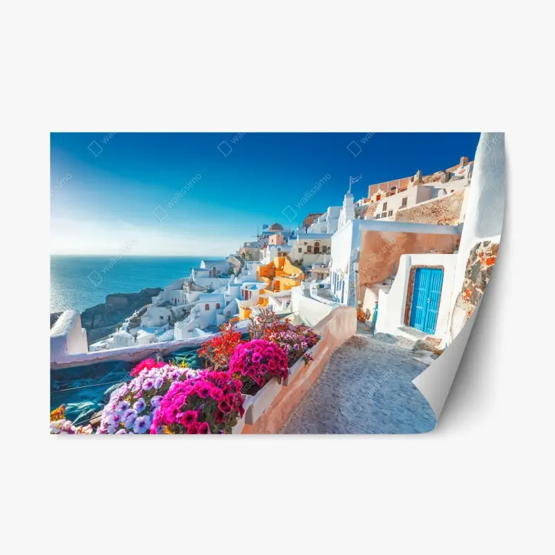 Repositionable sticker sunlit Santorini cliffside village