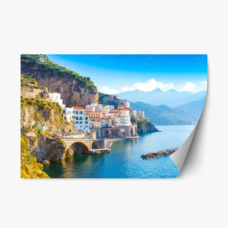 Repositionable sticker sunlit Amalfi Coast village on cliffs