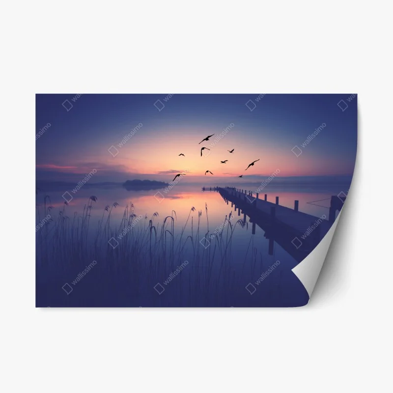 Repositionable sticker serene lakeside sunrise with birds