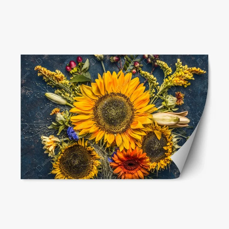 Repositionable sticker autumn sunflower bouquet on dark rustic background