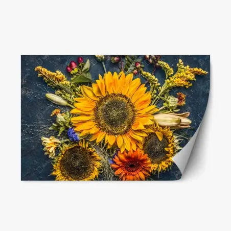 Repositionable sticker autumn sunflower bouquet on dark rustic background • Wallissimo®
