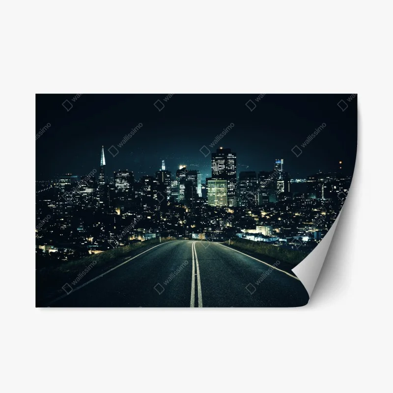 Repositionable sticker road to illuminated city skyline at night