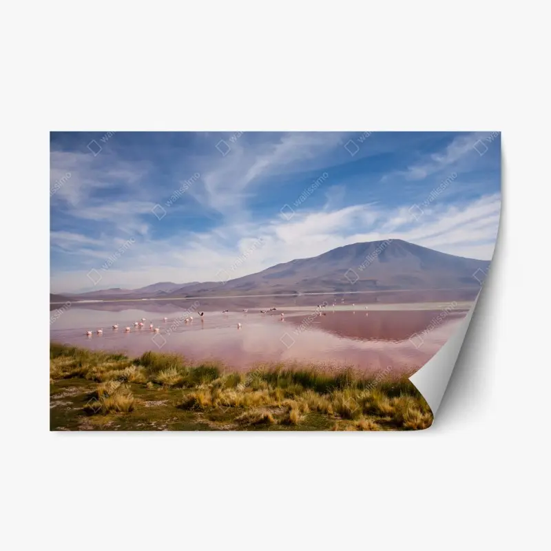 Repositionable sticker pink lagoon with flamingos and mountain reflection ⁕ Wallissimo®