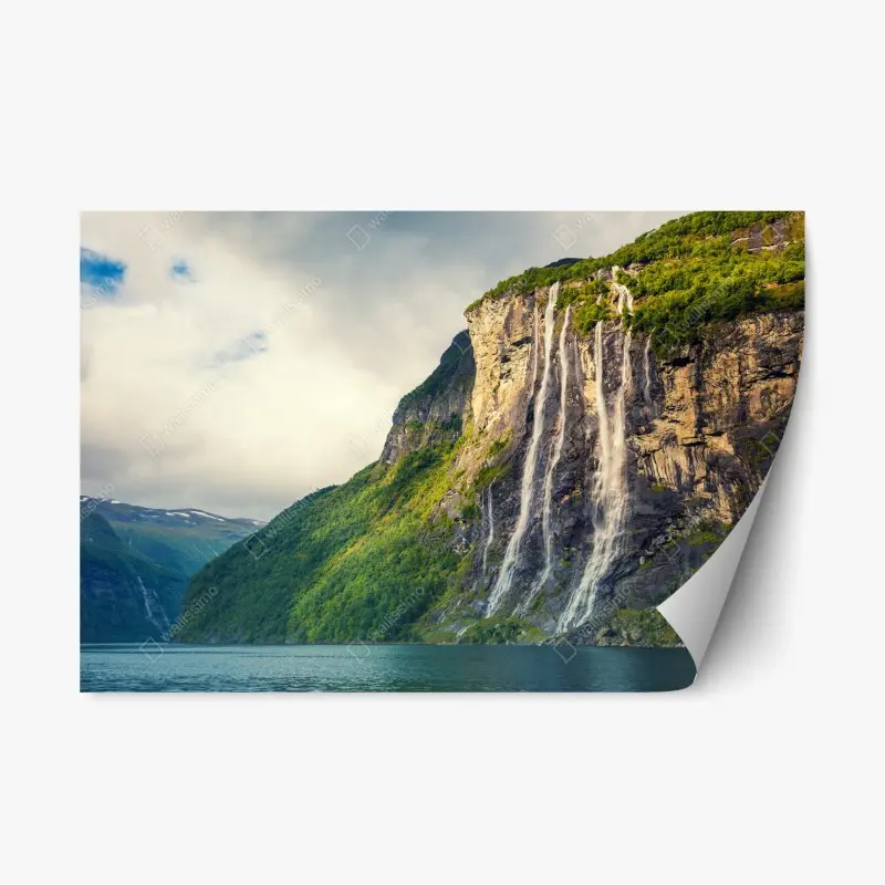 Repositionable sticker waterfalls cascading down fjord cliffs