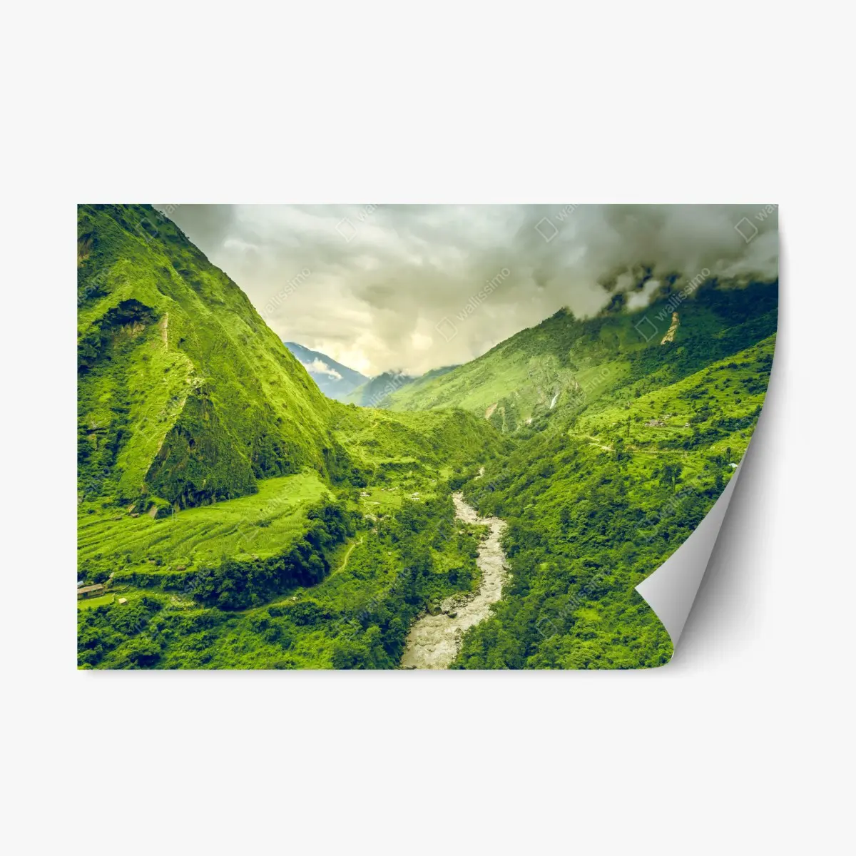 Repositionable sticker lush green mountain valley with river • Wallissimo® Repositionable sticker lush green mountain valley with river • Wallissimo®