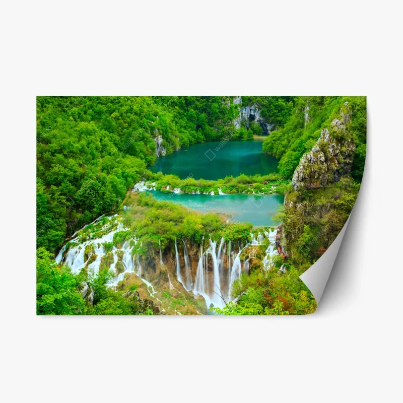 Repositionable sticker lush waterfall and turquoise lakes panorama