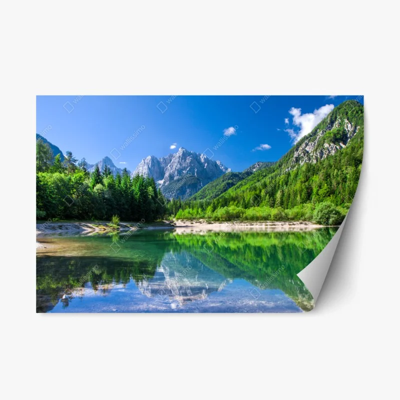 Repositionable sticker alpine lake reflection in green mountains