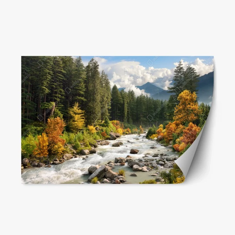 Repositionable sticker autumn mountain river landscape
