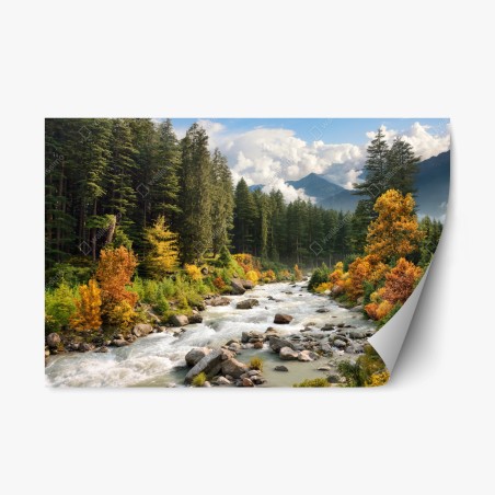 Repositionable sticker autumn mountain river landscape • Wallissimo®