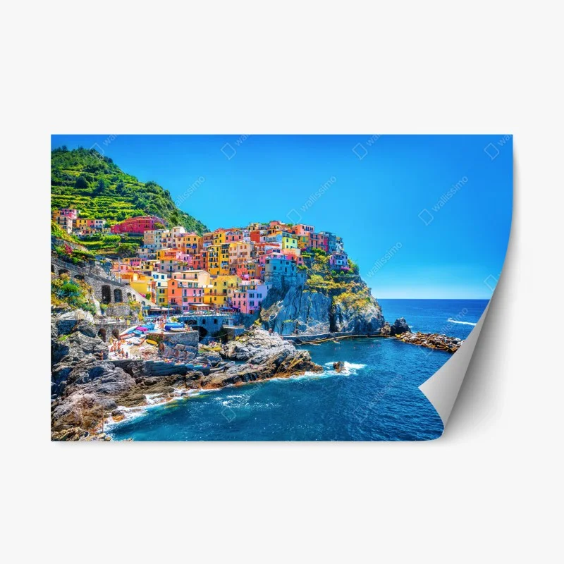 Repositionable sticker colorful cliffside village by the sea
