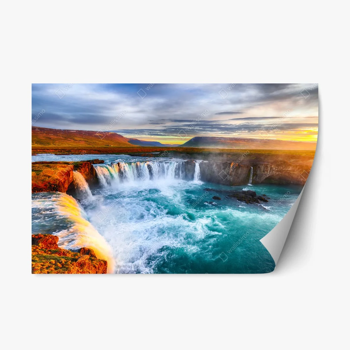 Repositionable sticker Godafoss waterfall sunrise panorama • Wallissimo® Repositionable sticker Godafoss waterfall sunrise panorama • Wallissimo®