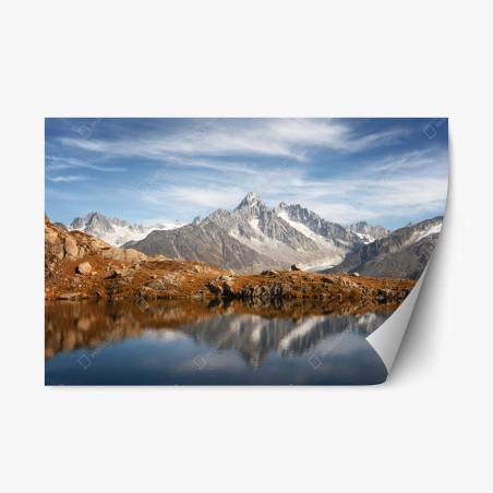 Repositionable sticker tranquil alpine peaks reflected in lake • Wallissimo®