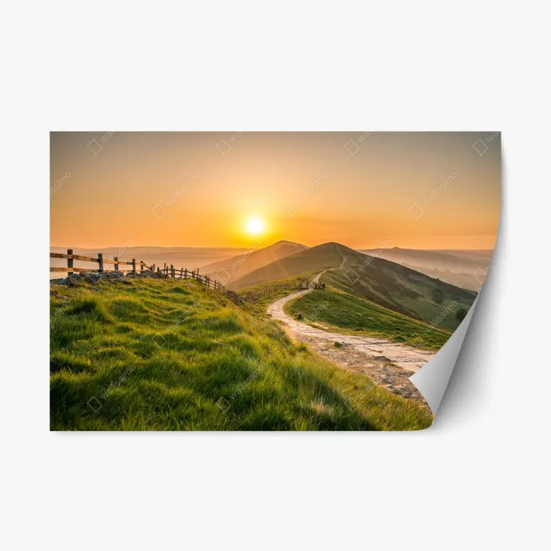 Repositionable sticker sunrise over rolling green hills
