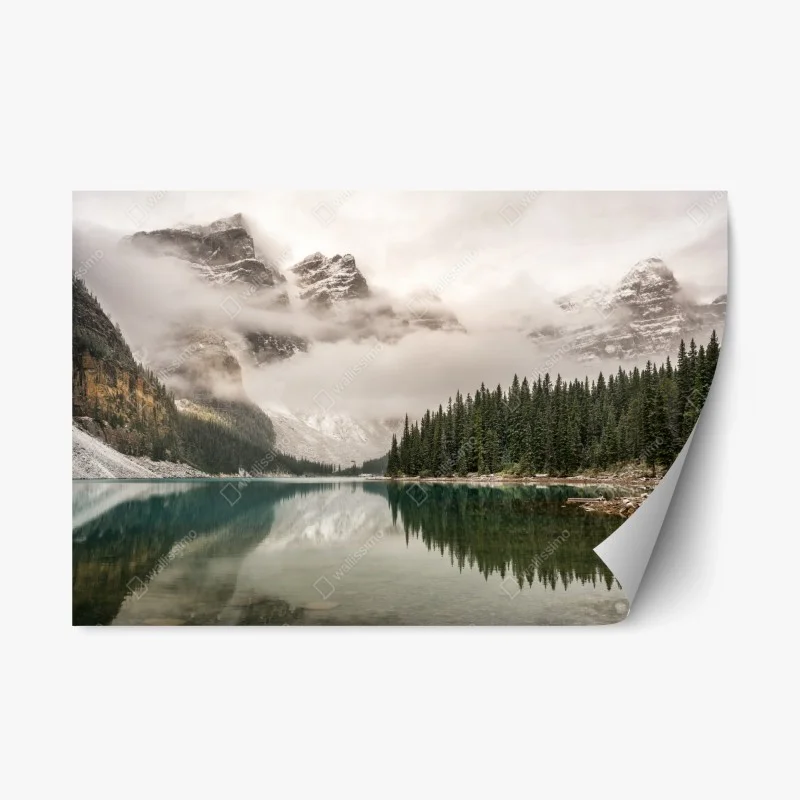 Repositionable sticker misty mountain lake reflection