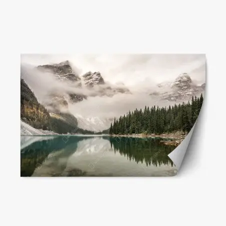 Repositionable sticker misty mountain lake reflection • Wallissimo®