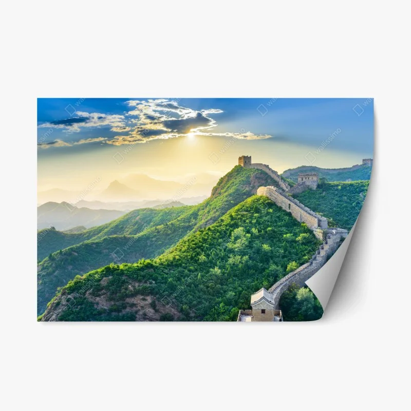 Repositionable sticker Great Wall at sunrise over green mountains