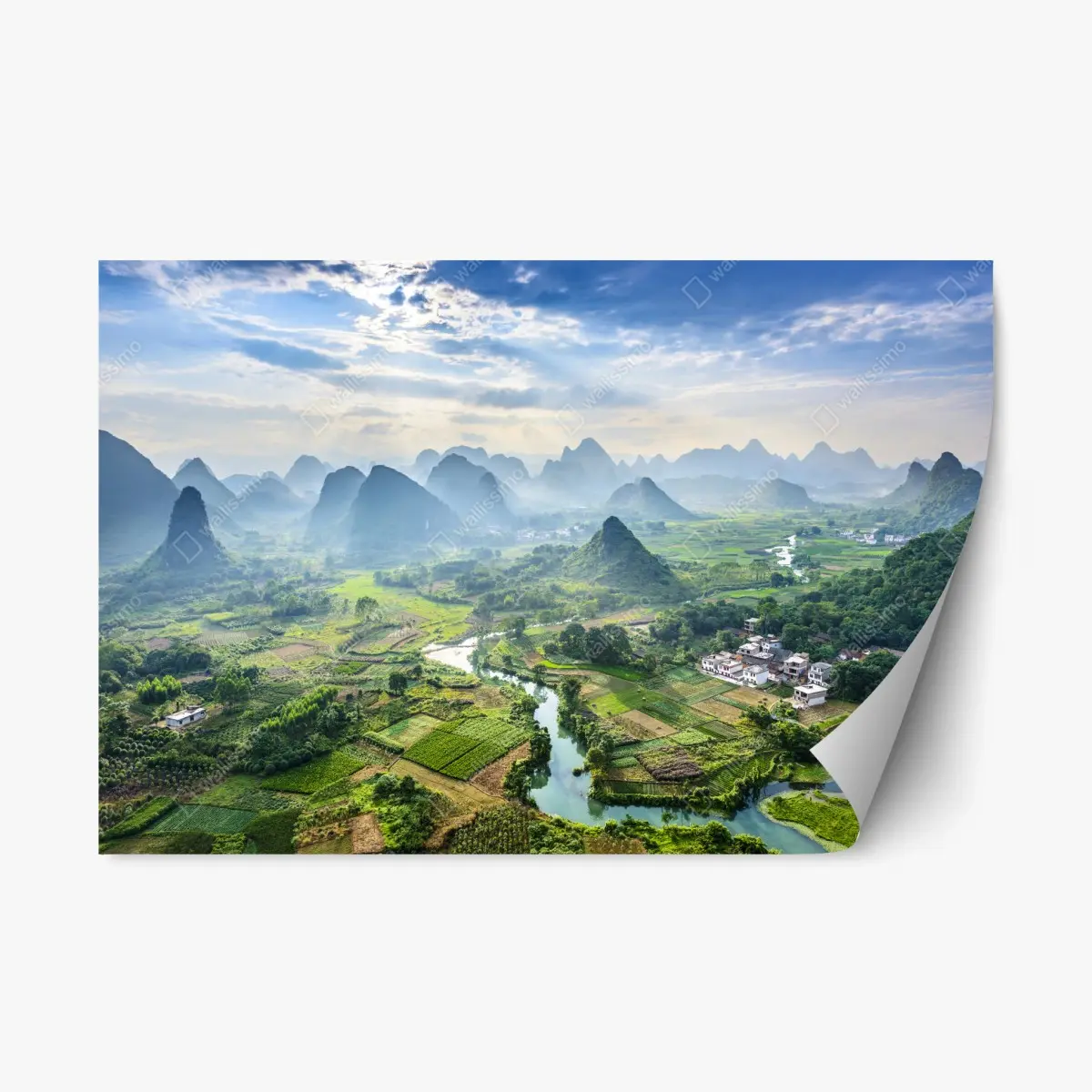 Repositionable sticker misty karst mountain valley at sunrise • Wallissimo® Repositionable sticker misty karst mountain valley at sunrise • Wallissimo®