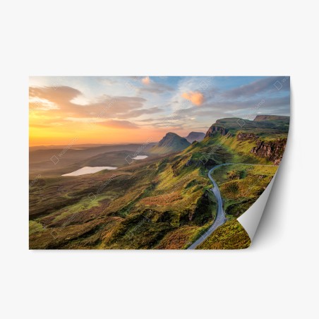 Repositionable sticker sunset over rolling green hills • Wallissimo®