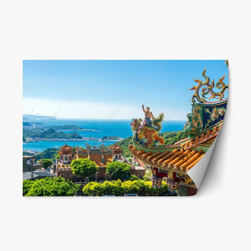 Repositionable sticker temple overlooking the coast of Jiufen, Taiwan
