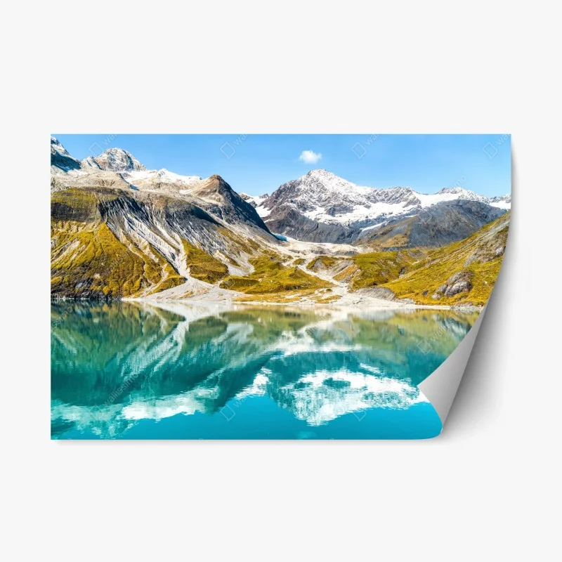 Repositionable sticker serene alpine lake with snow-capped peaks