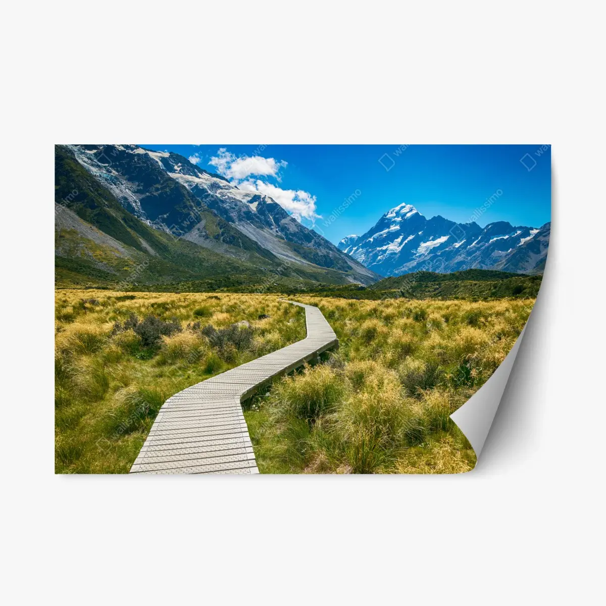 Repositionable sticker alpine boardwalk leading to snow-capped peaks ⁕ Wallissimo® Repositionable sticker alpine boardwalk leading to snow-capped peaks ⁕ Wallissimo®