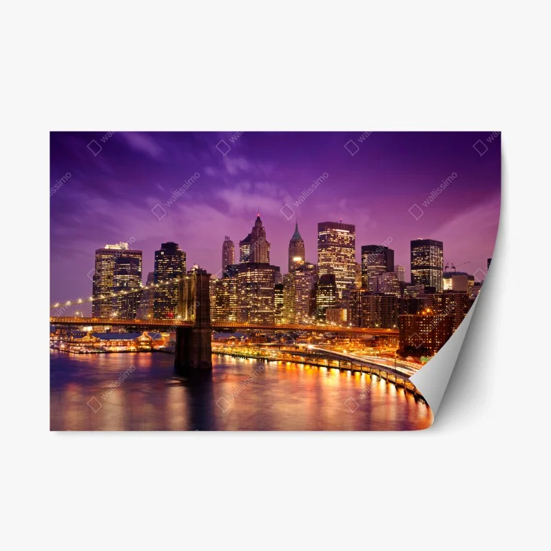 Repositionable sticker purple skyline over illuminated city bridge