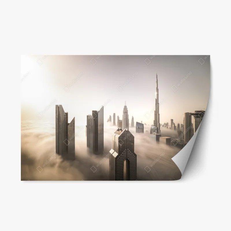 Repositionable sticker foggy Dubai downtown skyline above the clouds