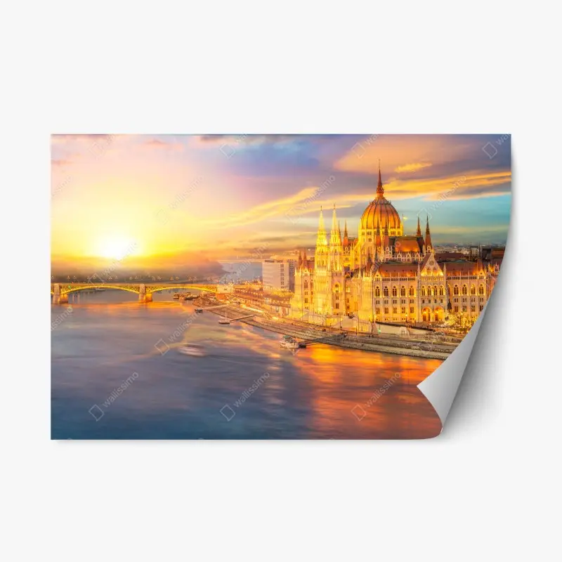 Repositionable sticker golden sunset over Budapest parliament