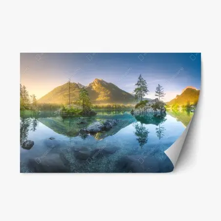Repositionable sticker alpine lake at sunrise with mirror reflection • Wallissimo®