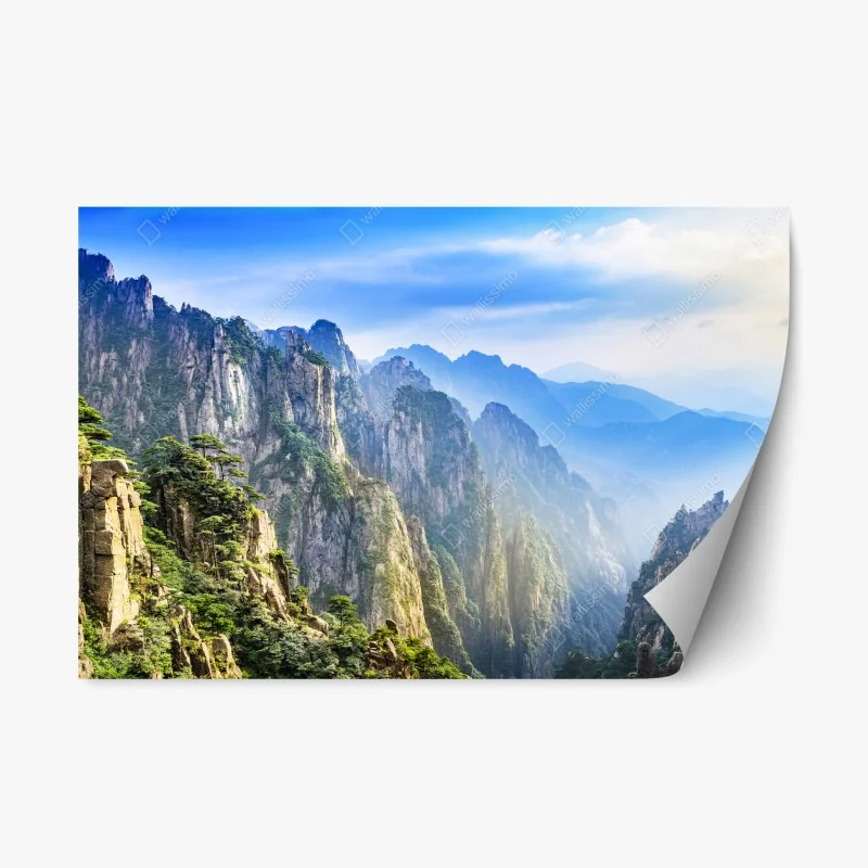 Repositionable sticker misty mountain peaks panorama