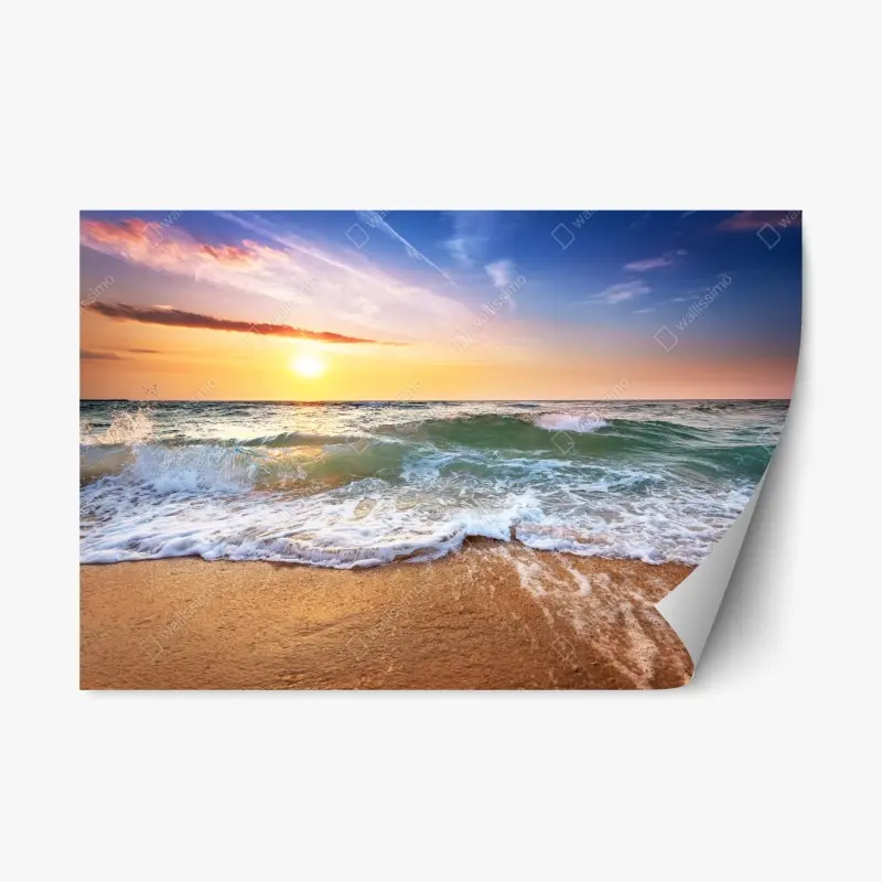 Repositionable sticker golden beach sunset over gentle waves