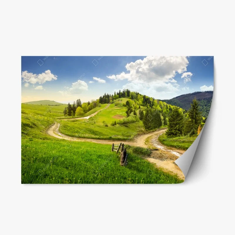 Repositionable sticker winding country road through green hills